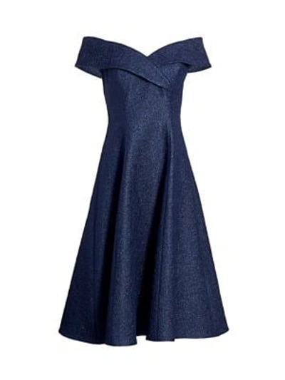 Shop Teri Jon By Rickie Freeman Off-the-shoulder Jacquard Fit-&-flare Dress In Navy