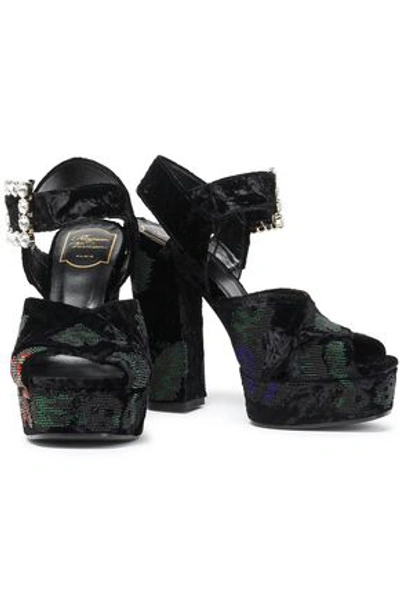 Shop Roger Vivier Woman Embellished Crushed Velvet Platform Sandals Black