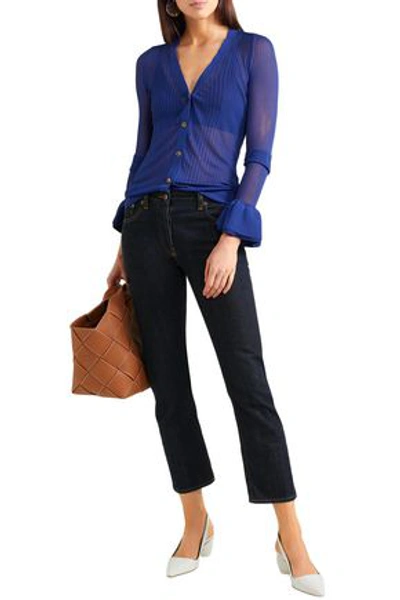 Shop Khaite Eloise Ribbed Stretch-knit Cardigan In Indigo