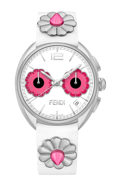 Shop Fendi Women's Momento Floral Chronograph Leather Strap Watch, 40mm In Stainless Steel