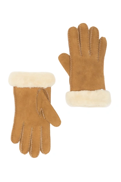 Shop Ugg Genuine Dyed Shearling Slim Side Vent Gloves In Chestnut