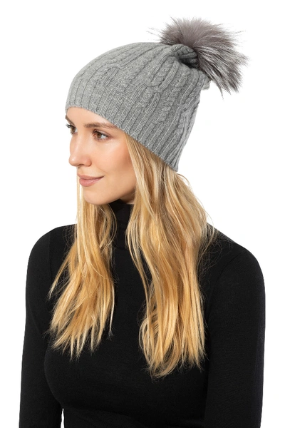 Shop Sofia Cashmere Genuine Fur Pompom Wool & Cashmere Cable Knit Hat In 020gry