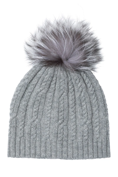 Shop Sofia Cashmere Genuine Fur Pompom Wool & Cashmere Cable Knit Hat In 020gry