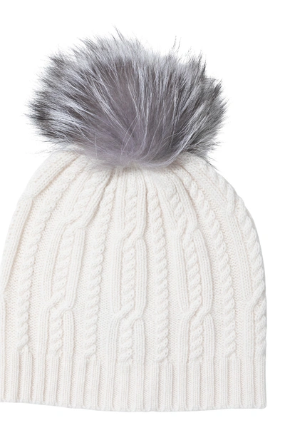 Shop Sofia Cashmere Genuine Fox Fur Pompom Wool & Cashmere Cable Knit Beanie In 270crm