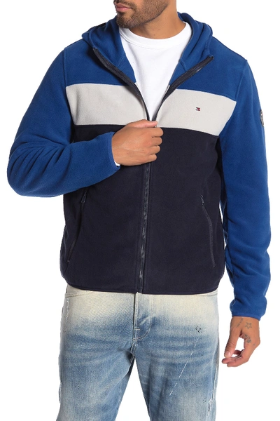 Shop Tommy Hilfiger Fleece Hoodie Colorblocked Jacket In Tricolor Blue