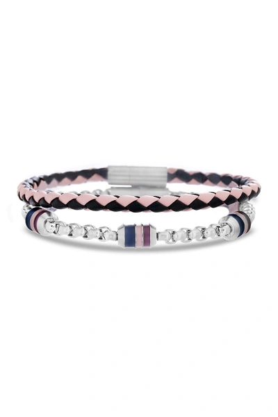 Shop Ben Sherman Stainless Steel & Braided Leather Bracelet In Pink/black