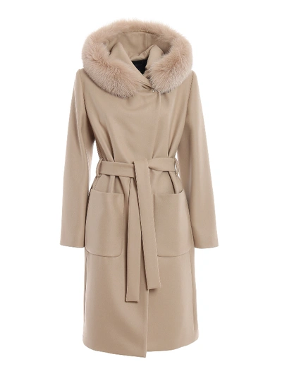 Shop Fay Fur Trimmed Hooded Gown Coat In Beige
