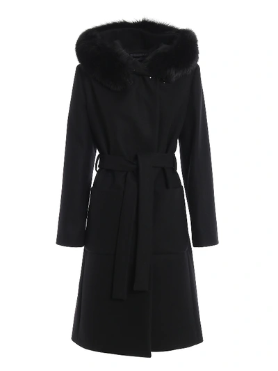 Shop Fay Fur Trimmed Hooded Black Coat