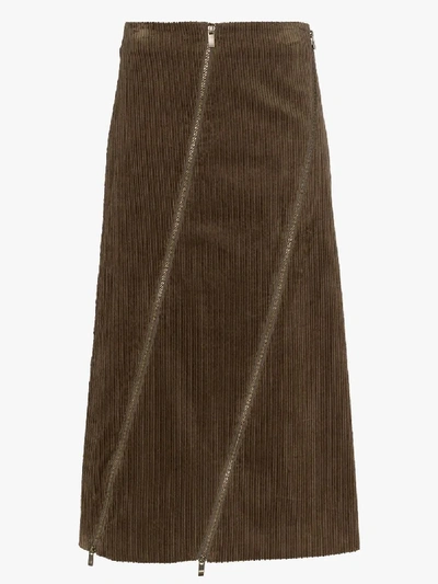 Shop Asai Corduroy Zipped Midi Skirt In Green