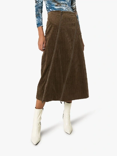 Shop Asai Corduroy Zipped Midi Skirt In Green