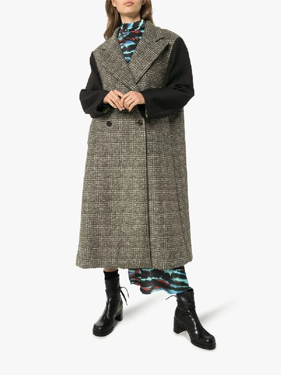 Shop Asai Contrast Sleeve Check Coat In Black