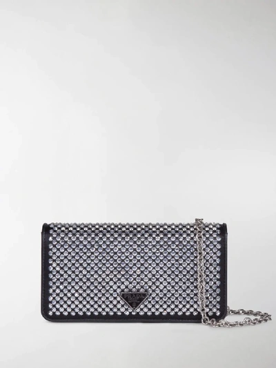 Shop Prada Crystal Embroidered Wallet On Chain In Black