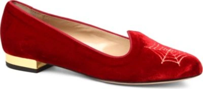 Shop Charlotte Olympia Charlotte's Web Velvet Slippers In Red/other