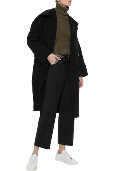 Shop Helmut Lang Woman Leather-trimmed Brushed Wool Coat Black