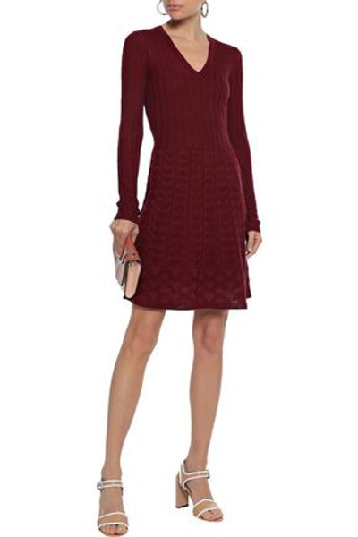 Shop M Missoni Woman Flared Crochet-knit Wool-blend Mini Dress Burgundy