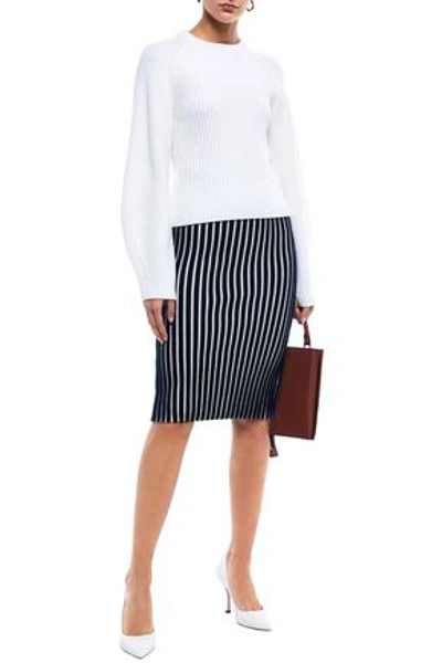 Shop Victoria Victoria Beckham Striped Ribbed Wool Pencil Skirt In Navy