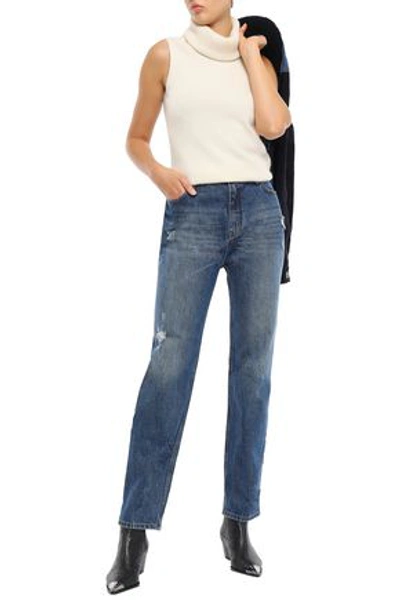 Shop Victoria Victoria Beckham Distressed High-rise Straight-leg Jeans In Mid Denim