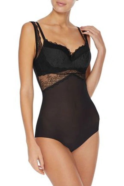 Shop Wolford Samantha Chantilly Lace-paneled Stretch-tulle Bodysuit In Black