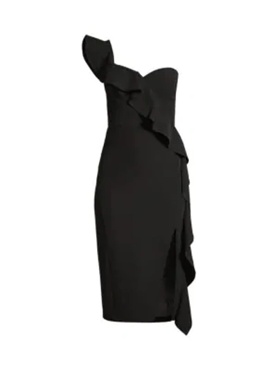 Shop Aidan Mattox Women's Crepe One-shoulder Ruffle Sheath Dress In Black