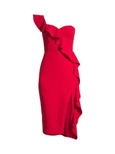 Shop Aidan Mattox Women's Crepe One-shoulder Ruffle Sheath Dress In Red