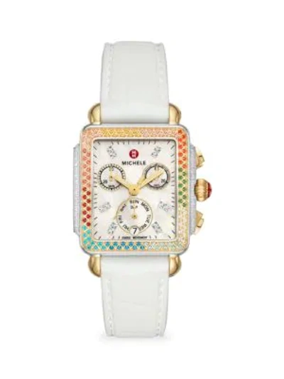 Shop Michele Watches Women's Deco Madison Diamond Carousel Two-tone Multicolor Topaz & Silicone Strap Chronograph Watch In White