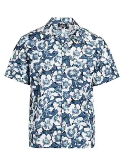 Shop Apc Floral Short-sleeve Button-front Shirt In Bleu Fonce