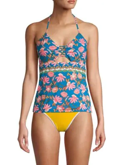 Shop Nanette Lepore Floral Open-back Tankini In Blue Multi