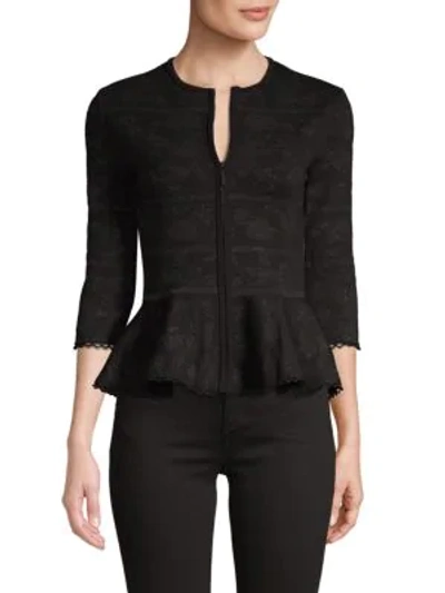 Shop Carolina Herrera Textured Wool-blend Zip-up Peplum Cardigan In Black