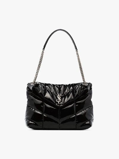 Shop Saint Laurent Black Loulou Puffer Patent Leather Shoulder Bag