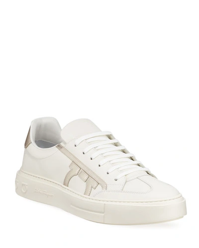 Shop Ferragamo Men's Borg Low-top Leather Sneakers In White
