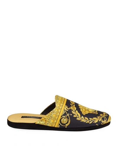 Shop Versace Men's Barocco Silk Robe Slippers In Black Pattern