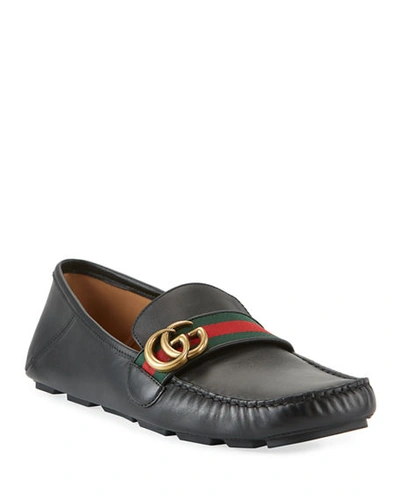 Shop Gucci Men's Noel Leather Drivers With Gg Web Strap In Black