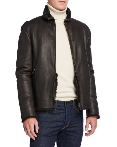 Shop Giorgio Armani Men's Shearling-lined Leather Jacket In Brown