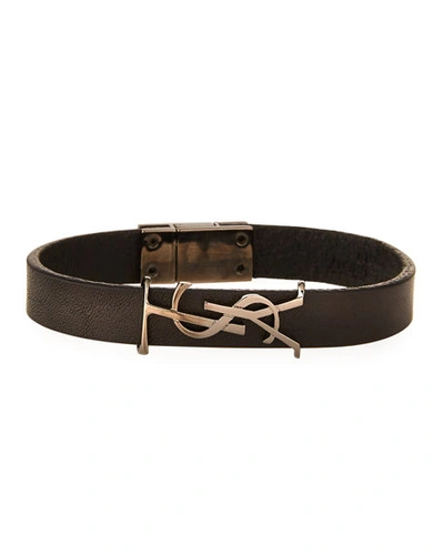 Shop Saint Laurent Leather Ysl Monogram Bracelet, Black