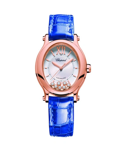 Shop Chopard 31 Mm Happy Sport 18k Rose Gold 7-diamond Watch With Alligator Strap