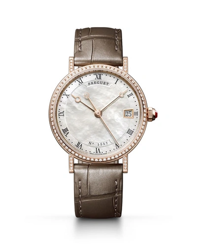 Shop Breguet Classique 33.5mm 18k Rose Gold Diamond Watch W/ Alligator Strap