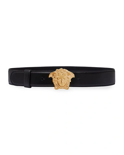 Shop Versace Leather Belt W/ Medusa Buckle In Black/gold