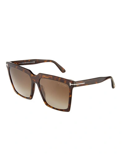 Shop Tom Ford Sabrina Square Acetate Sunglasses In Dark Havana