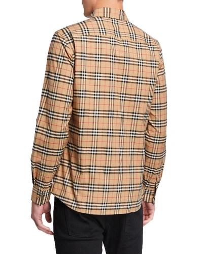 Shop Burberry Men's Simpson Check-pattern Sport Shirt In Beige