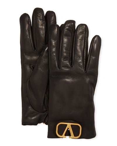 Shop Valentino Vlogo Leather Gloves W/ Cashmere Lining In Black