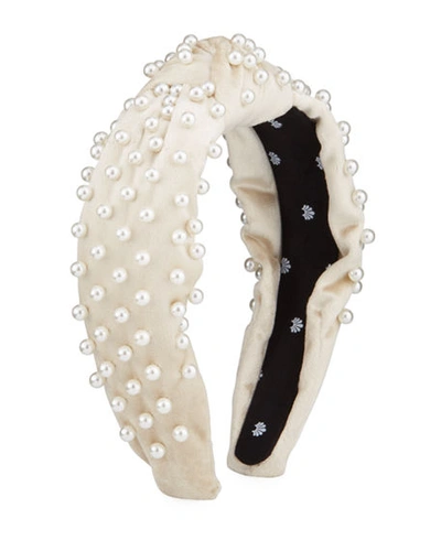 Shop Lele Sadoughi Faux Pearl Beaded Velvet Knotted Headband In Ivory