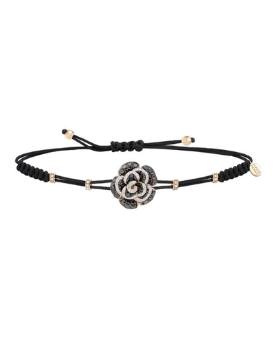 Shop Pippo Perez Pull-cord Bracelet With Black & White Diamond Rose In 18k White Gold