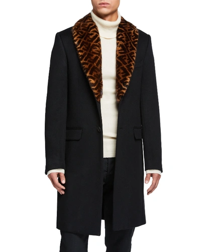 Shop Fendi Men's Solid Overcoat W/ Ff-print Fur Collar In Black