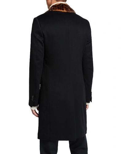Shop Fendi Men's Solid Overcoat W/ Ff-print Fur Collar In Black