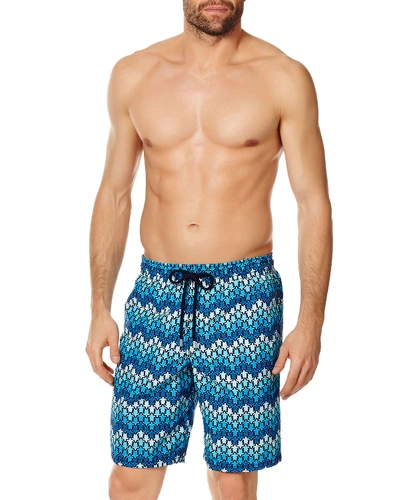 Shop Vilebrequin Men's Herringbone Turtle Print Swim Trunks In Bleu Marine