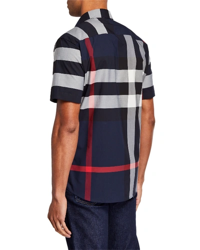 Burberry Short-sleeve Check Stretch Cotton Poplin Shirt In Navy