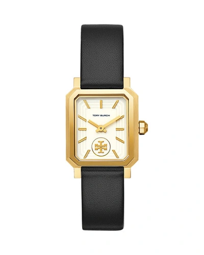 Shop Tory Burch 27mm Robinson Leather Watch W/ Moving Logo, Black