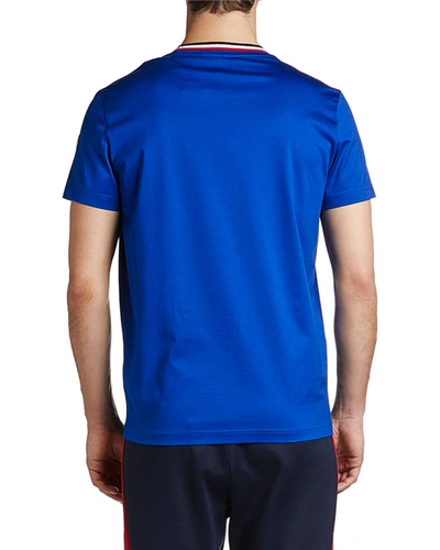 Shop Moncler Men's Striped-collar T-shirt In Medium Blue