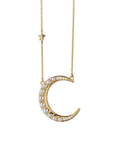 Shop Monica Rich Kosann 18k Yellow Gold Large Pearl Crescent Moon Necklace With Diamonds