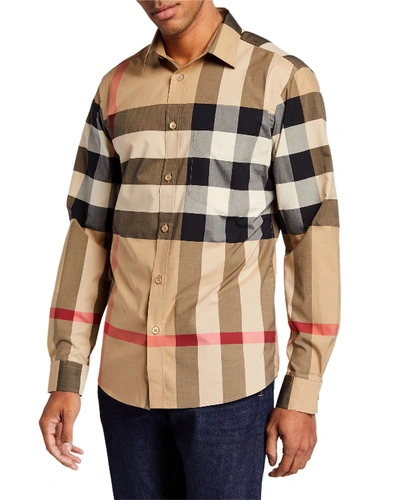 Shop Burberry Men's Somerton Check Sport Shirt In Beige